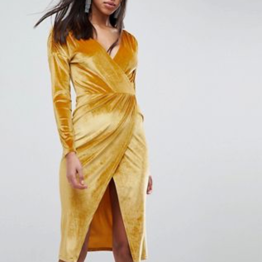 GOLD VELVET DRAPED SLIT MIDI DRESS M/L - Picture 2 of 6
